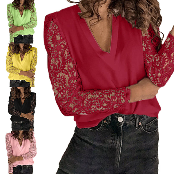 Womens V-Neck Lace Stitching Long Sleeve Casual Pullover Tops Blouse Basic Shirt