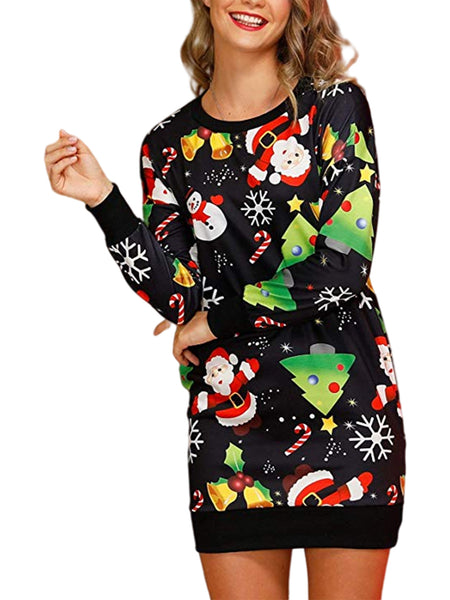 Women Christmas Printed Crew Neck Mini Dress Long Sleeve Sweater Dress Pullover