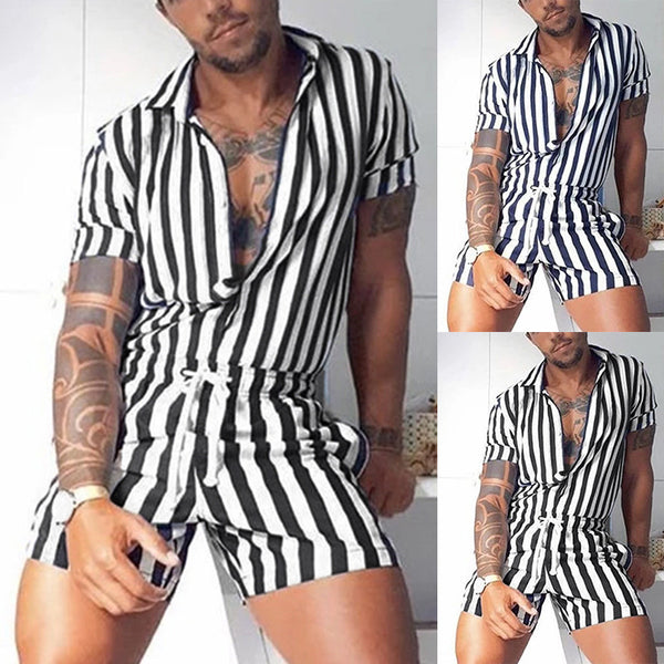Men's Stripe Casual Short Sleeve One Piece Playsuit Button Lapel Collar Jumpsuit