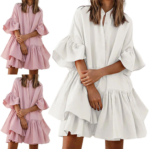 Women's Solid Color Ruffled Buttons Stand Up High Collar Mini Dress Casual Loose