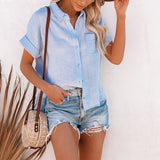 Women Short Sleeve Solid Color T-Shirt Blouse Lapel Buttons Casual Pullover