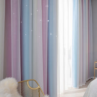 Double Layer Gradient Blackout + Sheer Curtains Starry Hollow-Out Stars Curtain Room Darkening Starry Curtain Eyelet Ring Top Window Drape for Kids Girls Children Bedroom Decor