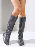 Womens Knee High Boots Winter Warm Fashion Leather Chunky Heel Slip On Flat Booties