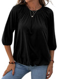 Women Solid Color Crew Neck Ruched 3/4 Sleeve Tops T-Shirt Blouse Pullover Tee