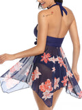 Plus Size Women Floral Swimdress Two Piece Swimwear Swimsuit Ladies Beachwear Mesh Swimming Costumes Bathing Suit Halterneck Push Up Padded Bra Backless Tummy Control S-XXL