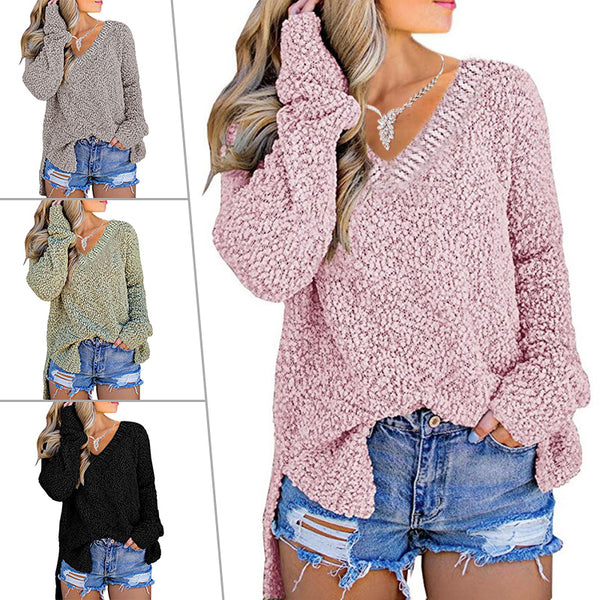 Womens Fuzzy Knitted Sweater Sherpa Fleece Side Slit Full Sleeve Jumper Outwears