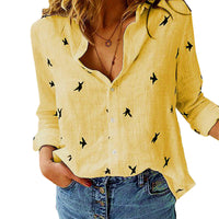 Womens Bird Printed Linen Shirt Long Sleeve Tops Blouse Casual Tunic Button-Down