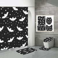 4 Pcs Halloween Decor Shower Curtain Set with Non-Slip Bath Mat, Toilet Pedestal Rugs and Toilet Lid Cover, Waterproof Bat Ghost Shower Curtains with 12 Hooks
