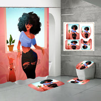 4Pcs/Set African Girl Shower Curtain Sets with 12 Hooks, Non-Slip Bath Mat, Pedestal Rug, Toilet Lid Cover, Bathroom Decor Christmas Gift