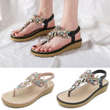 Women's Flat Sandals T-Strap Boho Style Rhinestone Flower Bead Summer Sandals
