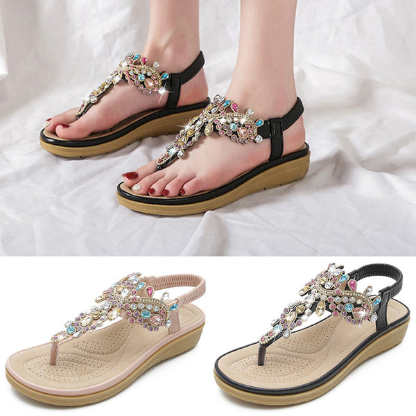 Women's Flat Sandals T-Strap Boho Style Rhinestone Flower Bead Summer Sandals