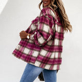 Women's Check Fleece Casual Jacket Shacket Top Shirt Coat Tunic Loose Baggy Coat
