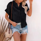 Women Short Sleeve Solid Color T-Shirt Blouse Lapel Buttons Casual Pullover