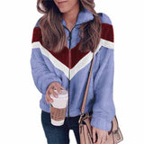 Women Ladies Stitching Zipper Wooly Cardigan Casual Long Sleeve Lapel Coat Tops