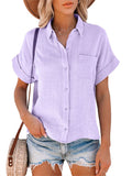 Women Solid Color Lapel Top Short Sleeve T-Shirt Blouse Casual Pullover Button