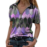 Womens Casual Zip Square Printed Short Sleeve Blouse Pullover Tunic T-Shirt Tops