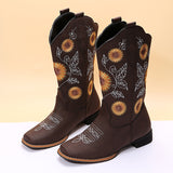 Ladies Sunflower Print Mid Calf Boots Slip On Daily Wear Chunky Heel Tall Boot