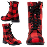 Women Red Plaid Chunky Mid Calf Boots Shoes Warm Booties Lace Up& Zip Round Toe