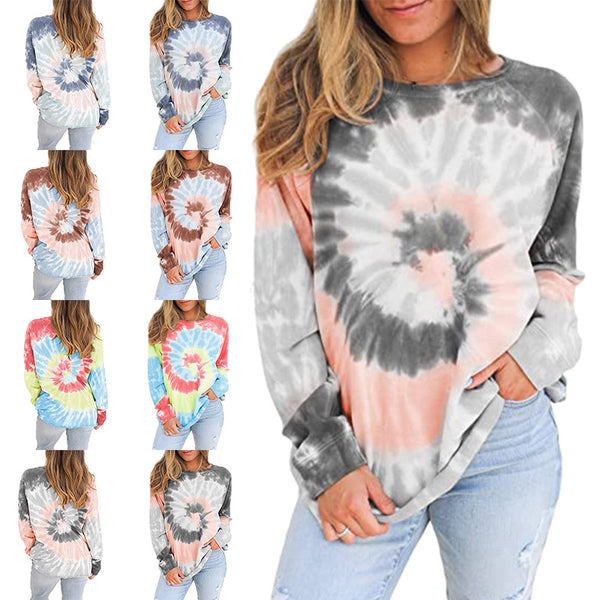 Women Long Sleeve Tie Dye Print Tops T-shirt Casual Loose Blouse Pullover Tunic