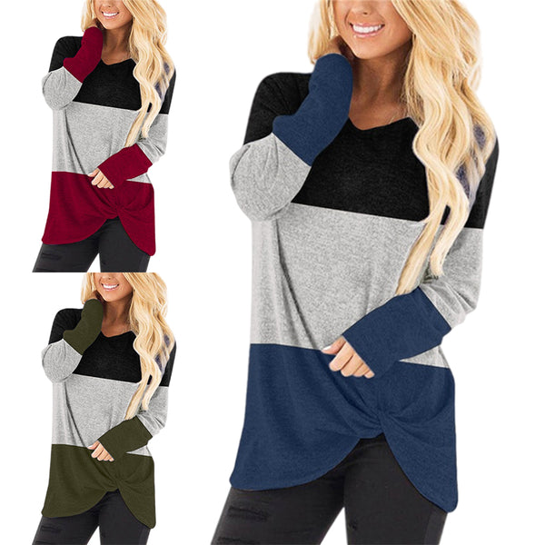 Women's Knot Casual T Shirt Sweatshirt Color Block Long Sleeve Blouse Pullover
