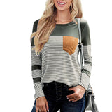 Women Long Sleeve Crew Neck Striped Print T-Shirt with Pocket