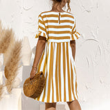 Women Fashion Skirt Striped Printed Short Sleeve Round Neck Casual Dress Ruffles