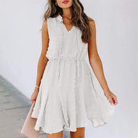 Women's Summer Chiffon Skirt Sleeveless Knee Length V Neck Dress Elastic Waist