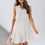 Women's Summer Chiffon Skirt Sleeveless Knee Length V Neck Dress Elastic Waist