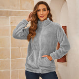 Women Zip Jacket Long Sleeves Lapel Collar Solid Color Warm Thicken Woolen Coat