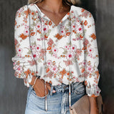 Women's Floral Print V Neck Loose Fit Long Lantern Sleeve T Shirts Pullover Tops