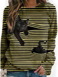 Women 3D Animal Patterns Stripes Design Long Sleeve T-shirt Crew Neck Loose Tops