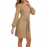 Women Solid Color Puff Sleeve Mini Dress Casual Loose Lace Up Pencil Tunic Dress