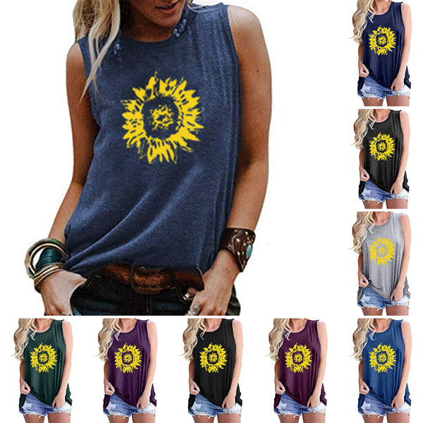 Women's Round Neck Sleeveless Loose Tank Sunflower Printed Pullover Hips Length