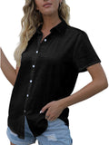 Women's Casual Solid Color Lapel Short Sleeve Shirt Loose Casual Cardigan Tops