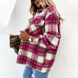 Women's Check Fleece Casual Jacket Shacket Top Shirt Coat Tunic Loose Baggy Coat