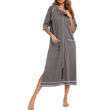 Lumento Women Pajamas Zipper Front Nightgown Full Length Lounge Dress with Pockets