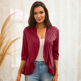 Women's Solid Color Ruffle Edge Midi Sleeve Cardigan Fashionable Commuting Tops