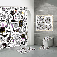 4 Pcs Halloween Decor Shower Curtain Set with Non-Slip Bath Mat, Toilet Pedestal Rugs and Toilet Lid Cover, Waterproof Bat Ghost Shower Curtains with 12 Hooks