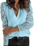 Womens V-Neck Lace Stitching Long Sleeve Casual Pullover Tops Blouse Basic Shirt