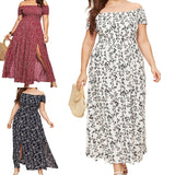 Women Sexy Floral Printed Maxi Dresses Short Sleeve Swing Dress Skirt Side Split