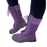 Womens Solid Color Boots Side Zip Lace Up Flat Mid Calf Winter Warm Casual Boots
