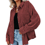 Women's Solid Color Lapel Long Corduroy Sleeve T-Shirt Pullover Blouse Tops Tee