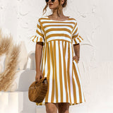 Women Fashion Skirt Striped Printed Short Sleeve Round Neck Casual Dress Ruffles