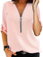 Plus Size Women V Neck Shirt Roll-Up Long Sleeve Casual Blouse Zip Tops