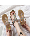 Women's Flat Sandals T-Strap Boho Style Rhinestone Flower Bead Summer Sandals