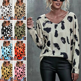 Women's Leopard Print V Neck Loose Fit Long Sleeve T Shirts Casual Comfort Tops