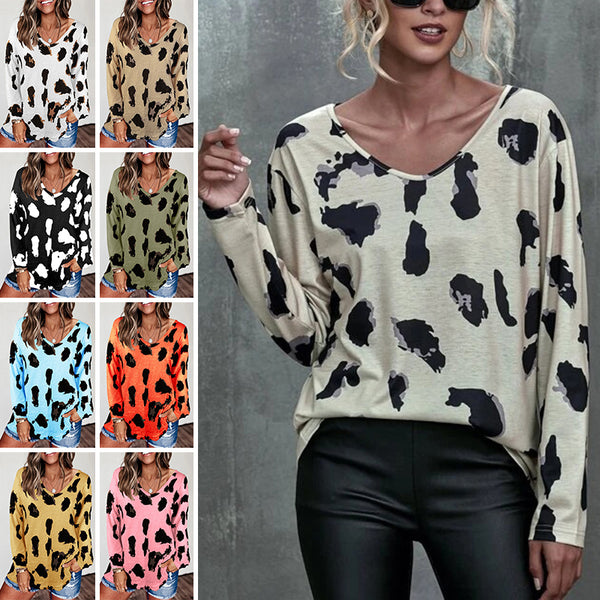 Women's Leopard Print V Neck Loose Fit Long Sleeve T Shirts Casual Comfort Tops