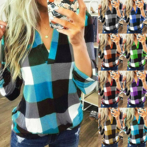 Plus Size Women Casual Long Sleeve Plaid Check T Shirt Ladies V Neck Tops Blouse