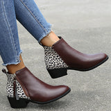 Women's Leopard Stitching Casual Ankle Boots Zip Round Toe Chunky High Top Shoes