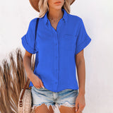Women Short Sleeve Solid Color T-Shirt Blouse Lapel Buttons Casual Pullover